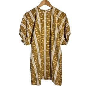 Matin Studio Embroidered Puff Sleeve Shift Cotton Dress Mustard YellowWhite Boho